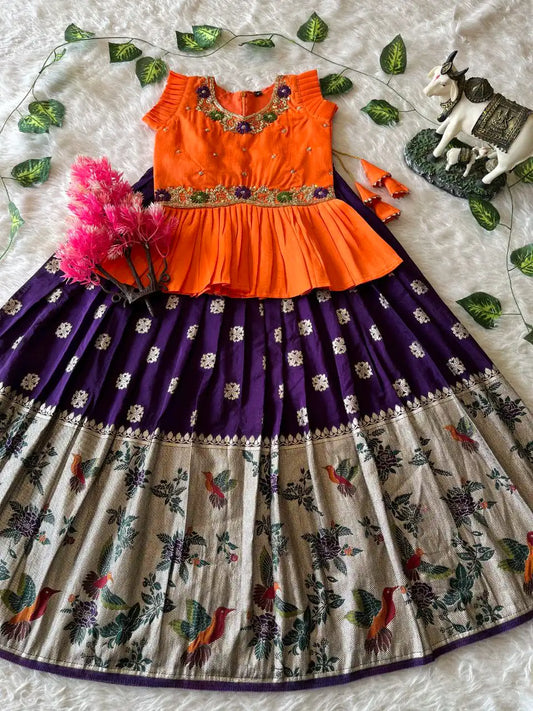 Soft Khadi Georgette Bird Weaving Lehenga - Purple