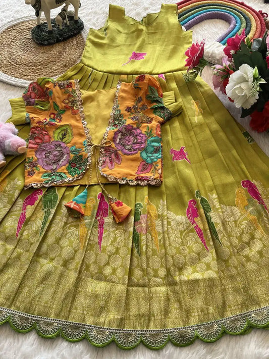 Parrot Design Floral Kids Gown with Coat - Parrot
