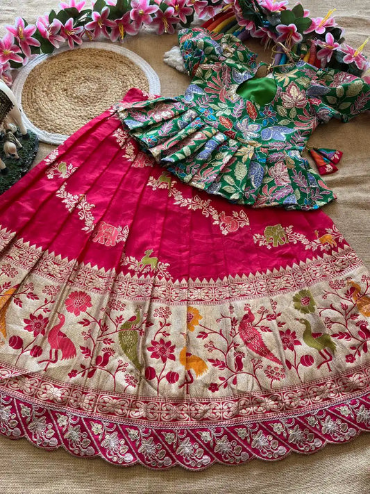 Kids Khadi Silk Animal Theme Weaving Lehenga - Rani Pink