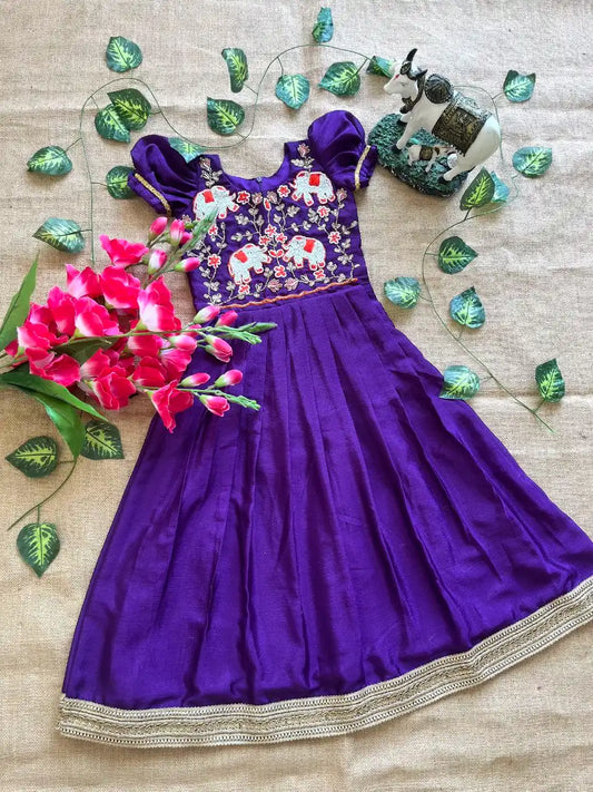 Kids Elephant Handwork Gown - Violet