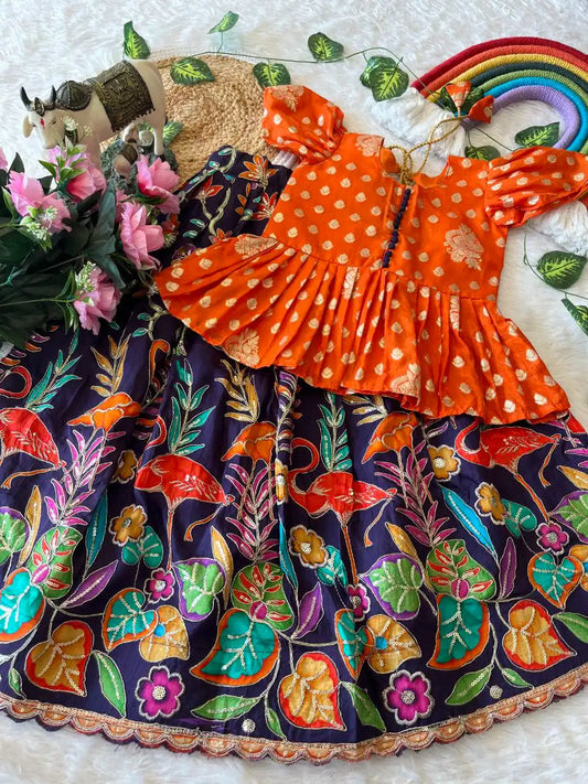 Kids Dola Silk Position Embroidered Lehenga Set - Orange