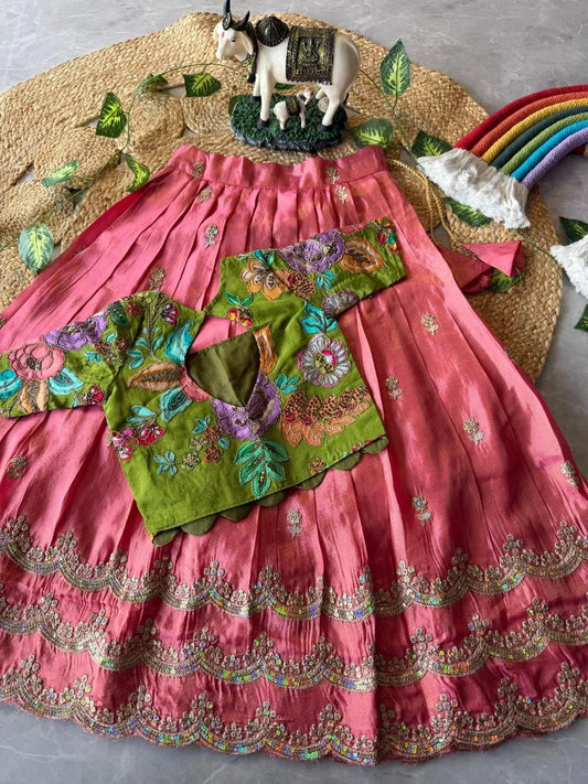 Kids Rainbow Work Designer Lehenga - Parrot & Pink