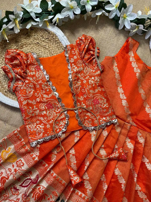 Soft Tissue Silk Paithani Weaving Kids Gown - Orange