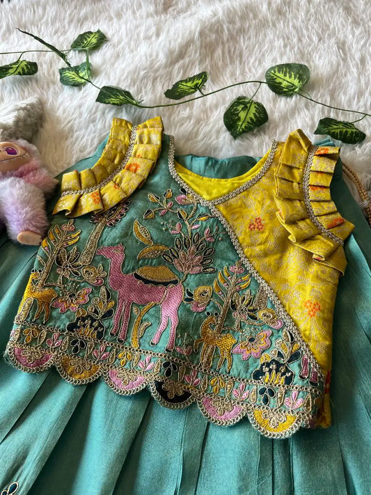 Kids Nature Designer Lehenga Set - Yellow & Sky
