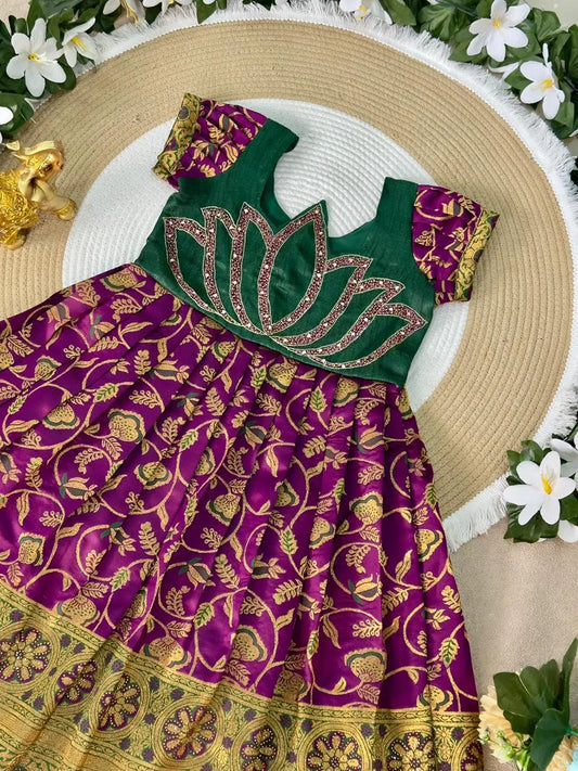 Jaquard Silk Lotus Maggam Work Gown/Frock - Green & Purple