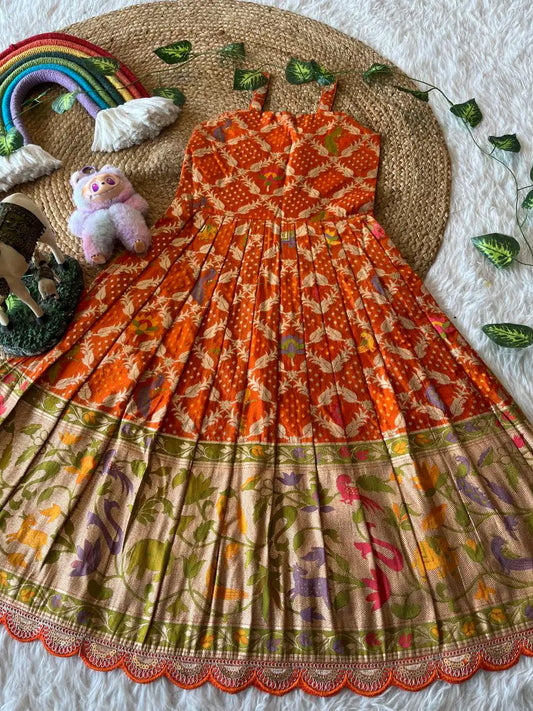 Kids Gown with Designer Coat- Rani Pink & Orange