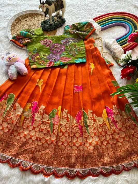 Kids Crepe Position Printed Lehenga - Orange