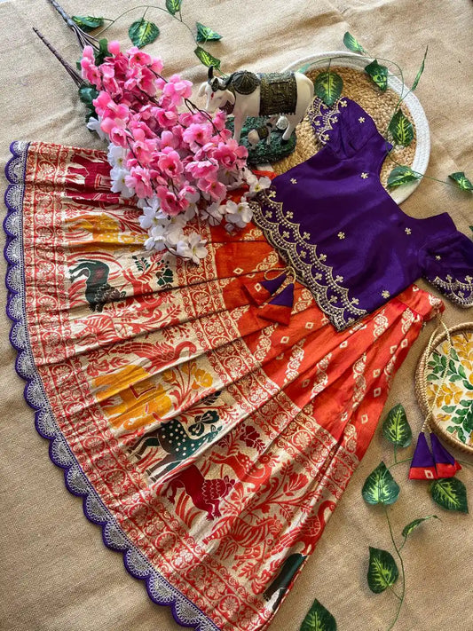 Animals Bandhej Leheriya Kids Lahenga - Purple