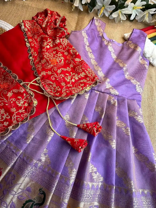 Soft Tissue Silk Paithani Weaving Kids Gown - Lilac