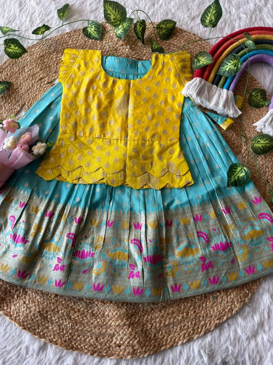 Kids Kalamkari Lehenga - Yellow & Sky