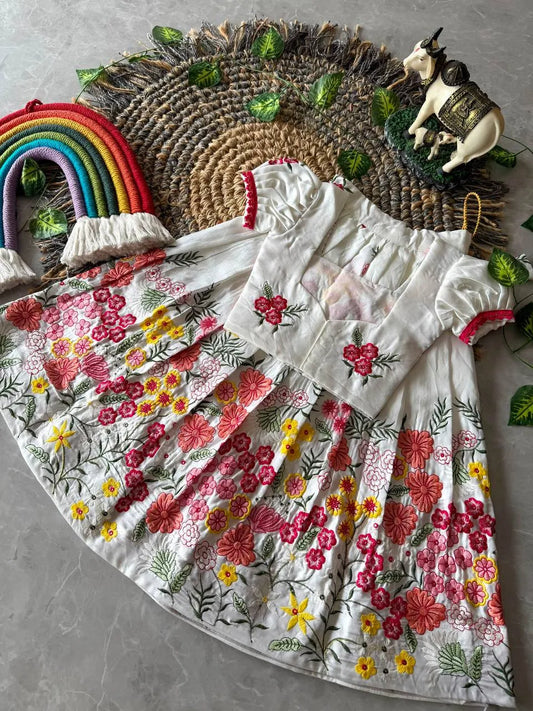 White Floral Space Silk Kids Lehenga Set