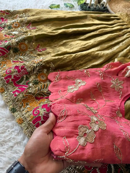 Kids Elephant Bloom Garden Lehenga Choli Set - Mehndi