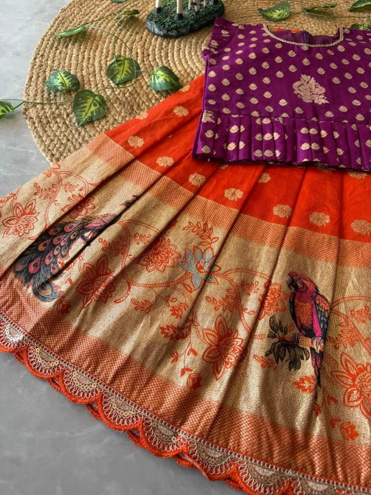 Peacock Grace Kids Lehenga Set - Purple & Orange