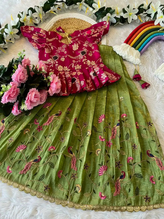 Kids Nylon Silk Embroidery Lehenga - Green