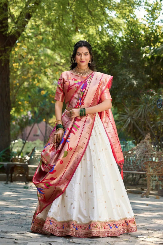 Royal Paithani Lehenga Choli with Dupatta & Batwa - White