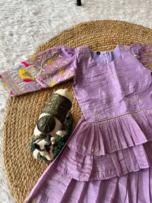 Kids Crush Fabric Elephant Embroidery Lehenga Set - Lavender