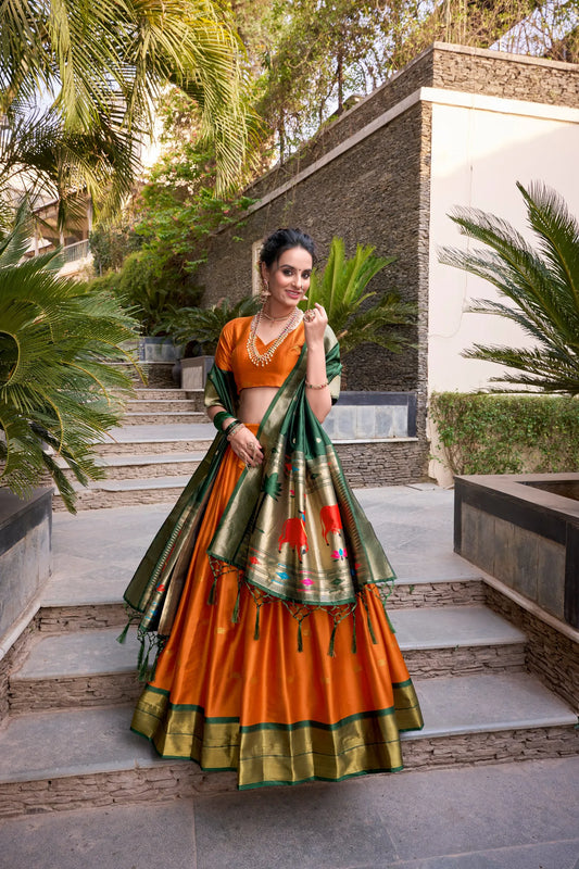 Royal Zari Jacquard Weaves Paithani Lehenga Choli - Orange