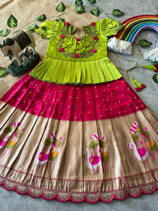 Flamingo Paithani Traditional Kids Lehenga - Pink