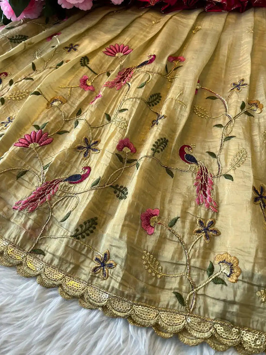 Kids Nylon Silk Embroidery Lehenga - Cream