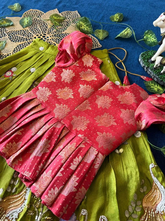 Flamingo Bead & Moti Work Kids Lehenga - Pink & Parrot