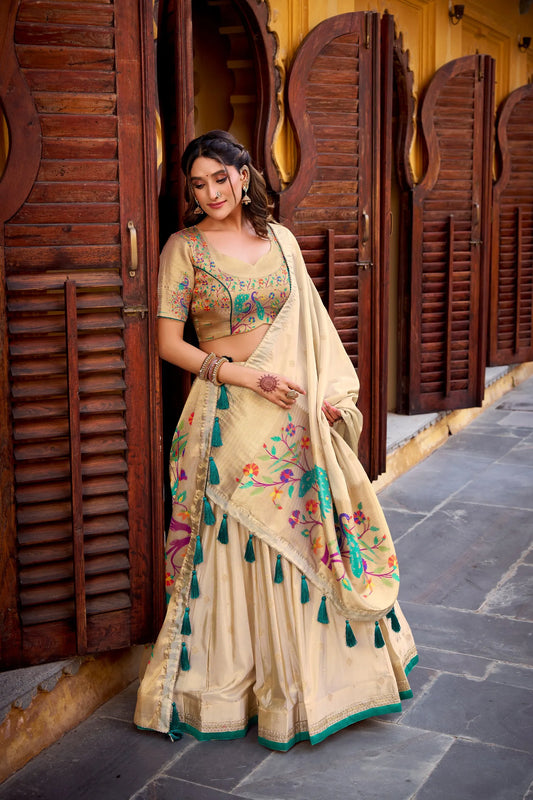 South Indian Marathi Style Paithani Lehenga Choli - Bottle Green