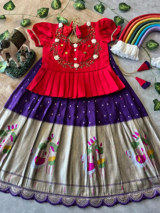 Flamingo Paithani Traditional Kids Lehenga - Purple