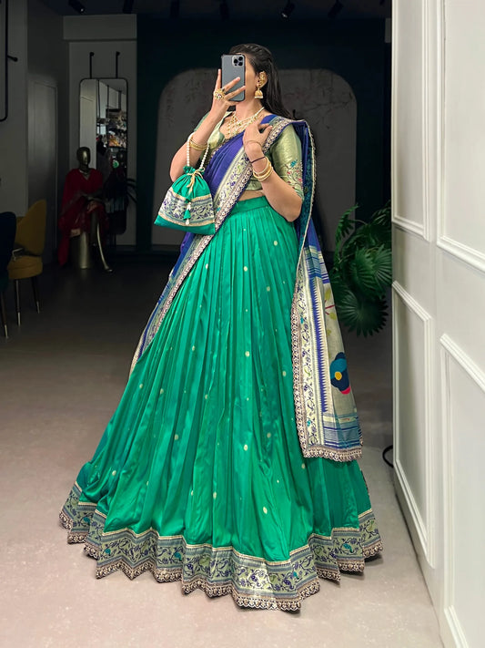 Soft Silk Paithani Embroidery Thread Work Lehenga Choli - Teal