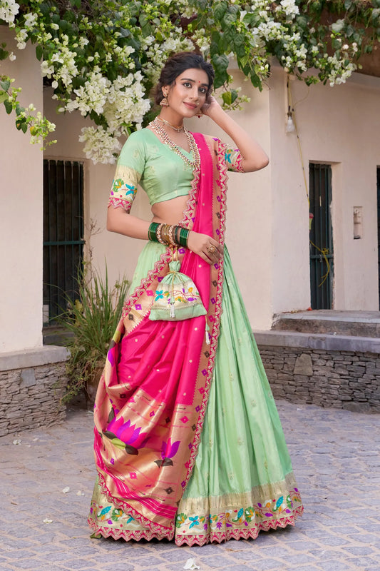 Maharashtrian Wedding Paithani Lehenga Choli - Pista