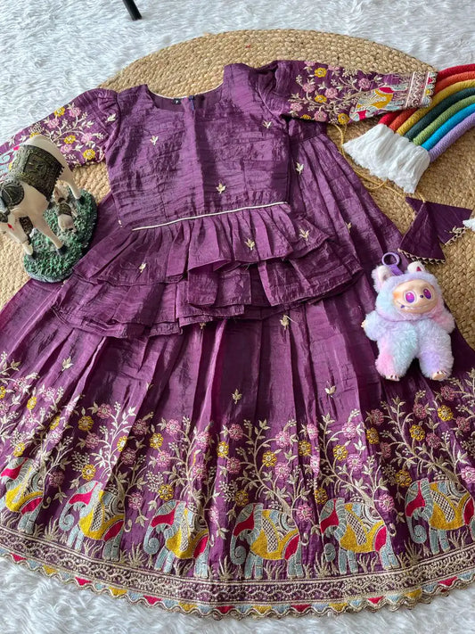 Kids Crush Fabric Elephant Embroidery Lehenga Set - Purple