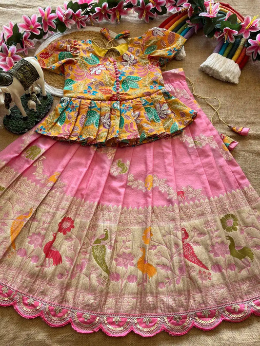 Kids Khadi Silk Animal Theme Weaving Lehenga - Baby Pink