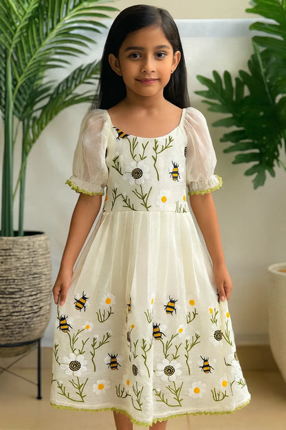 Ivory Floral Bee Embroidered Kids Party Wear Gown