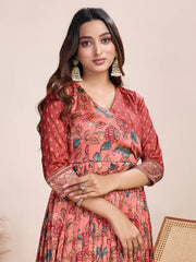 Anarkali Kalamkari Printed Floral Gown for Women - Red