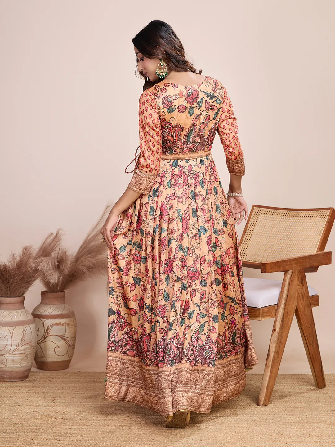 Anarkali Kalamkari Printed Floral Gown for Women - Peach