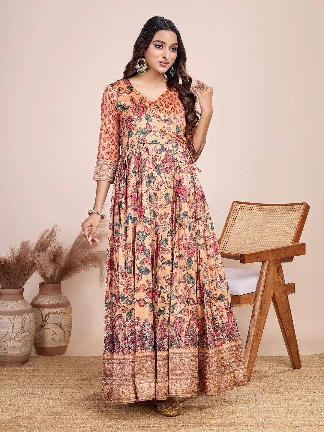 Anarkali Kalamkari Printed Floral Gown for Women - Peach