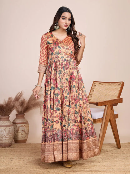 Anarkali Kalamkari Printed Floral Gown for Women - Peach