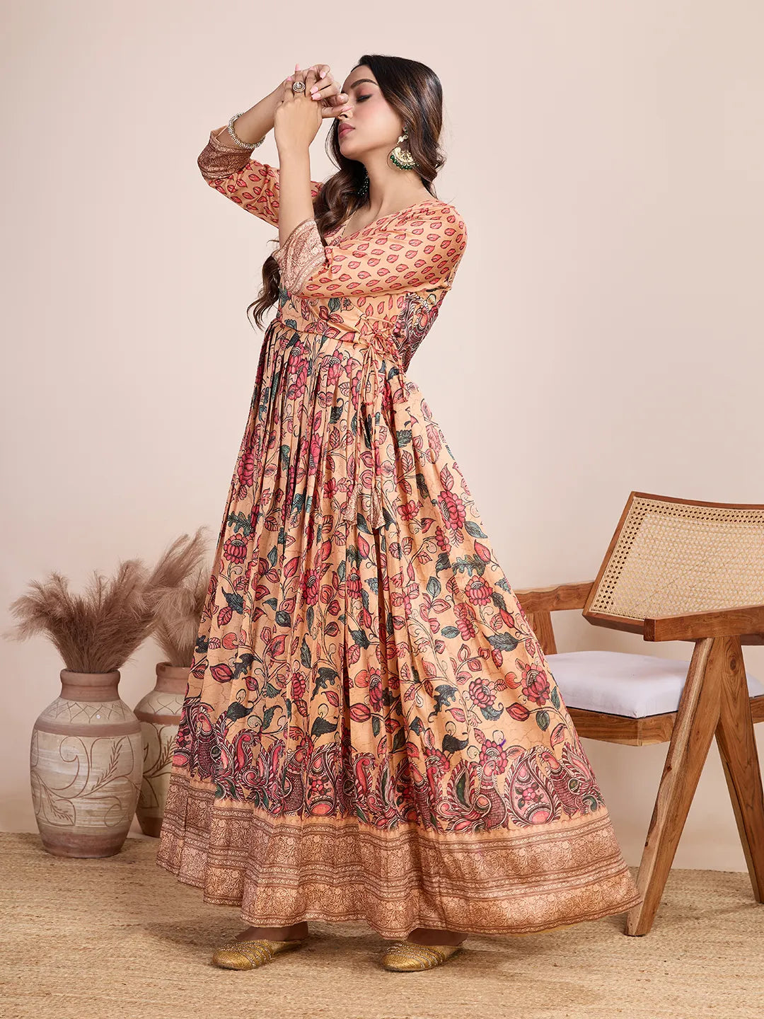 Anarkali Kalamkari Printed Floral Gown for Women - Peach