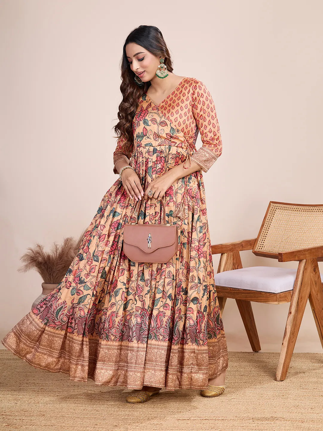 Anarkali Kalamkari Printed Floral Gown for Women - Peach
