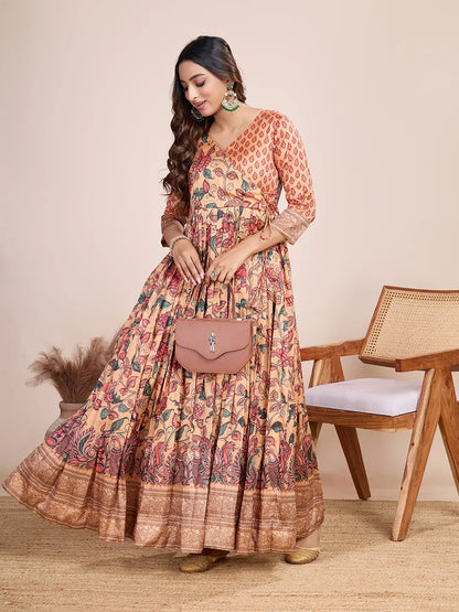 Anarkali Kalamkari Printed Floral Gown for Women - Peach