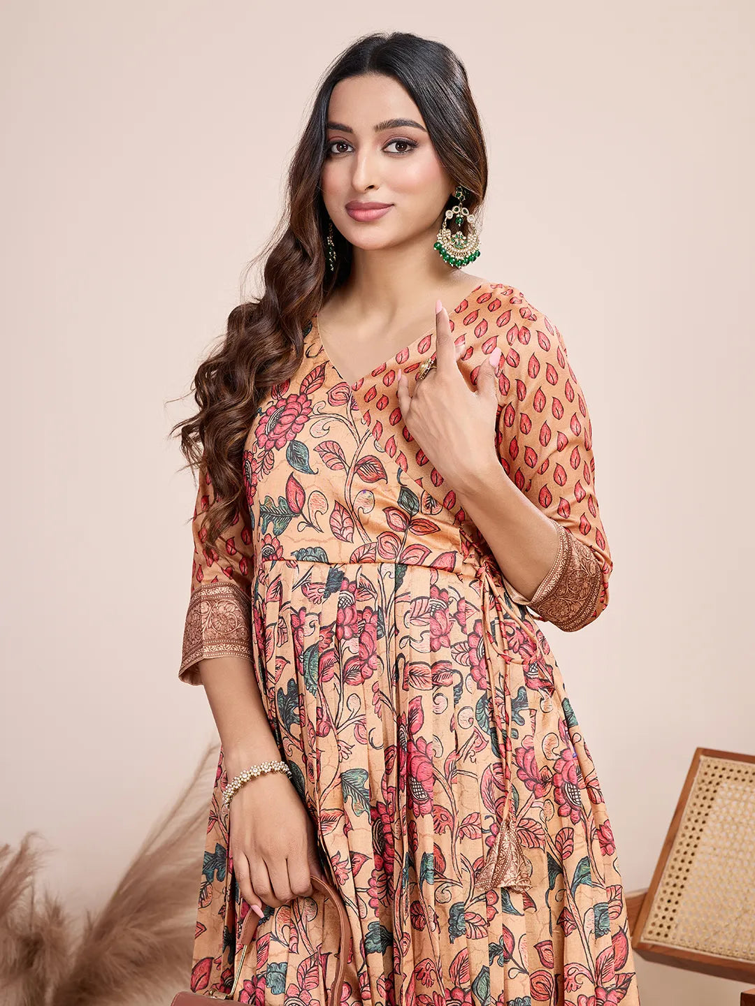 Anarkali Kalamkari Printed Floral Gown for Women - Peach