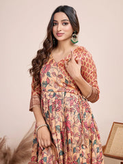 Anarkali Kalamkari Printed Floral Gown for Women - Peach