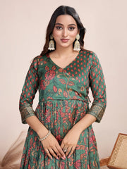 Anarkali Kalamkari Printed Floral Gown for Women - Green