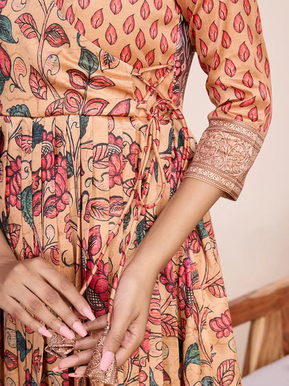 Anarkali Kalamkari Printed Floral Gown for Women - Peach