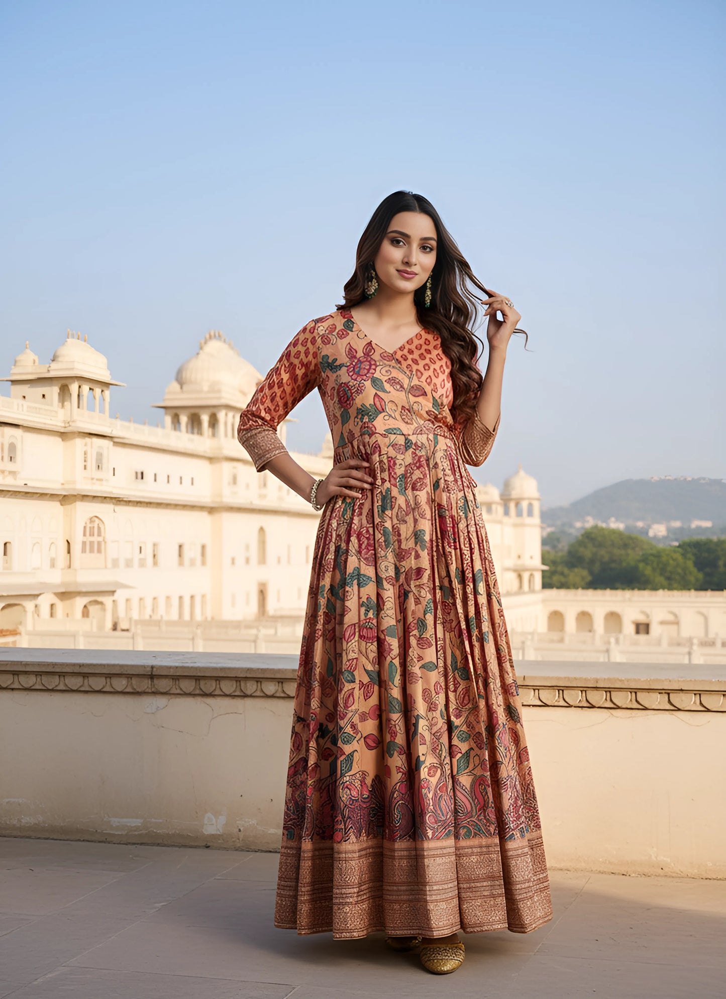 Anarkali Kalamkari Printed Floral Gown for Women - Peach