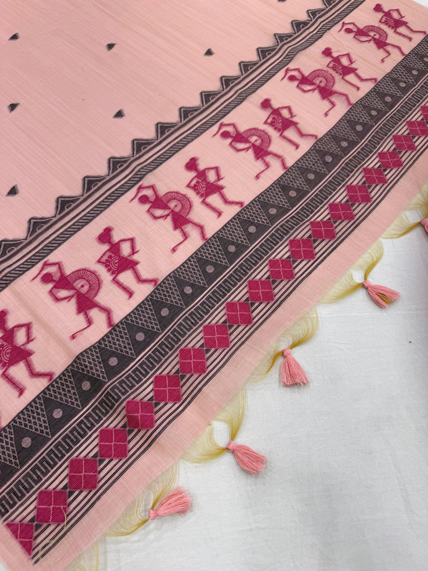 Soft Muga Cotton Warli Design Unstitched Dress Material Set - Pink