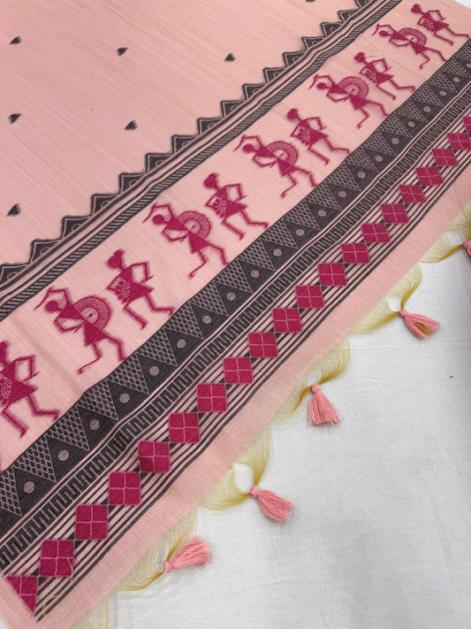Soft Muga Cotton Warli Design Unstitched Dress Material Set - Pink