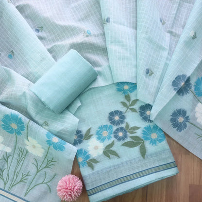 Pure Soft Muga Cotton Unstitched Dress Material Set - Sky