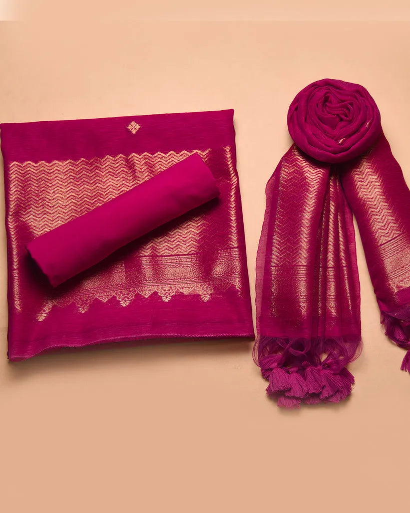 Soft Linen Silk Blend Unstitched Dress Material with Rich Zari Design - Pink