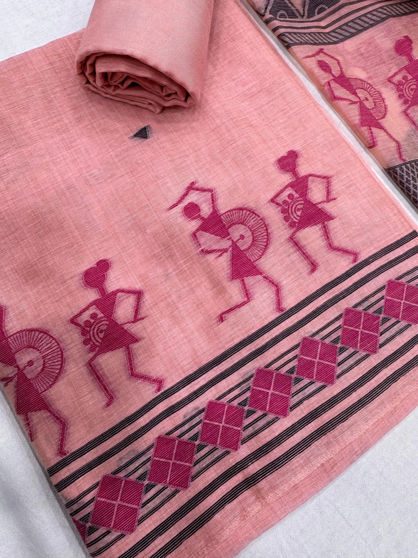 Soft Muga Cotton Warli Design Unstitched Dress Material Set - Pink