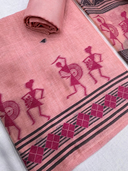 Soft Muga Cotton Warli Design Unstitched Dress Material Set - Pink