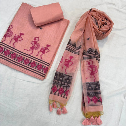Soft Muga Cotton Warli Design Unstitched Dress Material Set - Pink